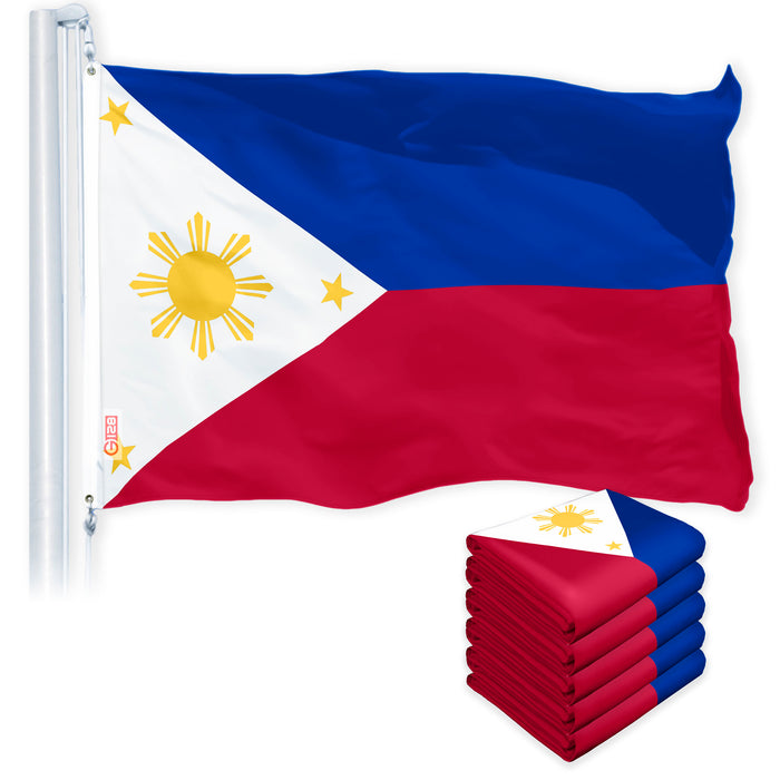 G128 5 Pack: Philippines (Philippine) Flag | 3x5 feet | Printed 150D Indoor/Outdoor, Vibrant Colors, Brass Grommets, Quality Polyester, Much Thicker More Durable Than 100D 75D Polyester