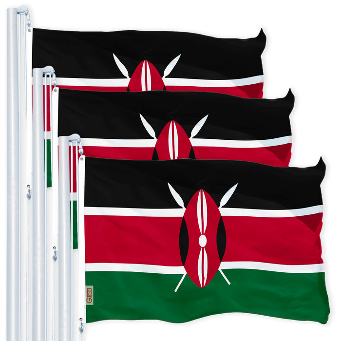 G128 3 Pack: Kenya (Kenyan) Flag | 3x5 feet | Printed 150D Indoor/Outdoor, Vibrant Colors, Brass Grommets, Quality Polyester, Much Thicker More Durable Than 100D 75D Polyester
