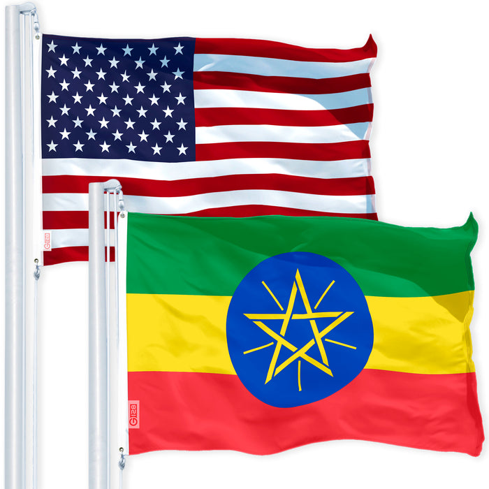 G128 Combo Pack: USA American Flag 3x5 Ft 150D Printed Stars & Ethiopia Flag 3x5 Ft 150D Printed