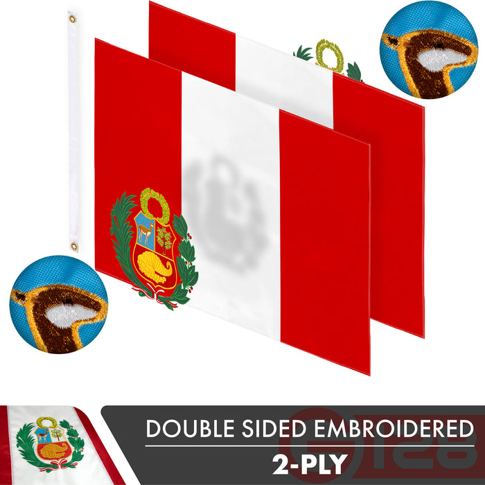Peru Peruvian Flag 3x5 Ft 2-Pack Double-sided Embroidered Polyester By G128