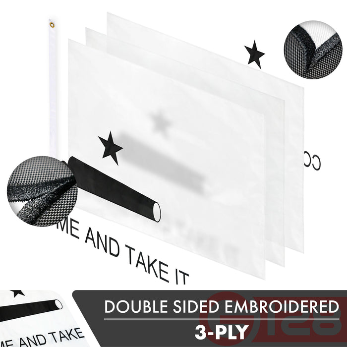 G128 3-Pack: Come and Take It Flag 2x3 FT Double Sided Embroidered 210D Heavy Duty Polyester - Indoor/Outdoor, Vibrant Colors, Brass Grommets, 3-ply