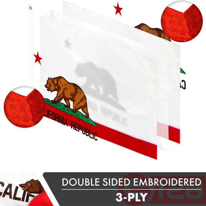 G128 2 PACK: California State Flag 4x6 Ft Double Sided Embroidered 210D Indoor/Outdoor, Brass Grommets, Heavy Duty Polyester, 3-ply