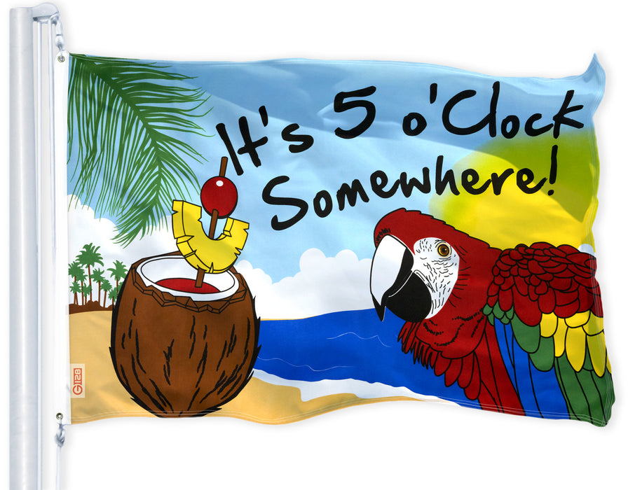 G128 - It's 5 O'Clock Somewhere Flag 3x5 FT Printed Brass Grommets 150D Polyester Indoor/Outdoor - Novelty Flag, Much Thicker More Durable Than 100D 75D Polyester