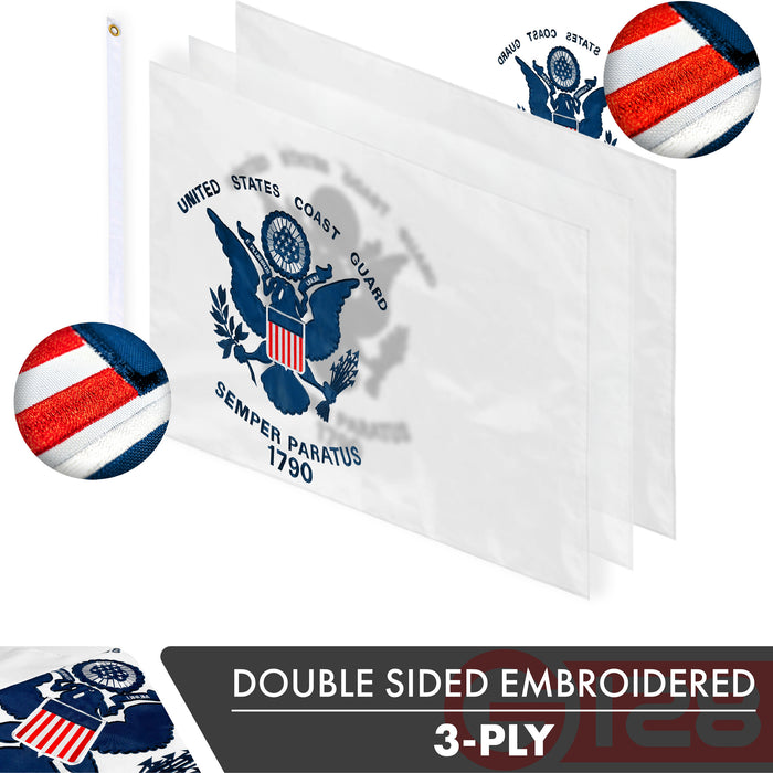 G128 3 PACK: US Coast Guard Flag 3x5 Ft Double-sided Embroidered Polyester