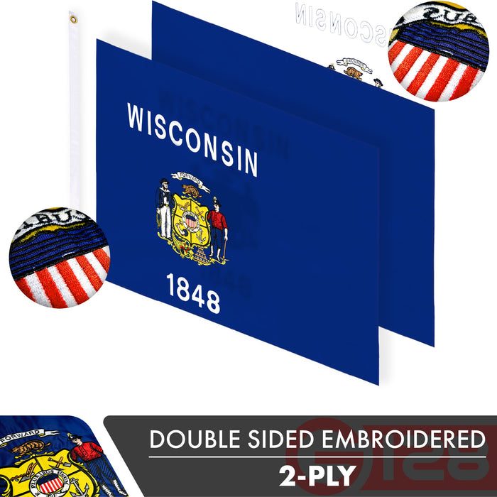 Wisconsin WI State Flag 3x5 Ft 2-Pack Double-sided Embroidered Polyester By G128