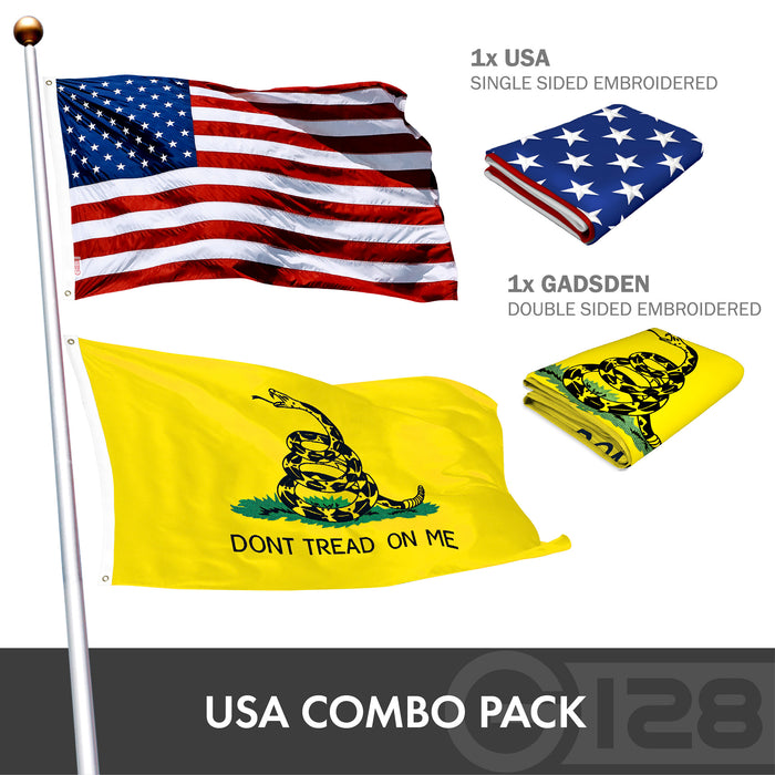 G128 Combo Pack: American USA Flag ToughWeave Series 2x3 Ft Single Sided & Gadsden Don't Tread On Me Flag Double Sided 2x3 Ft Double ToughWeave Series | Both Embroidered Polyester, Brass Grommets