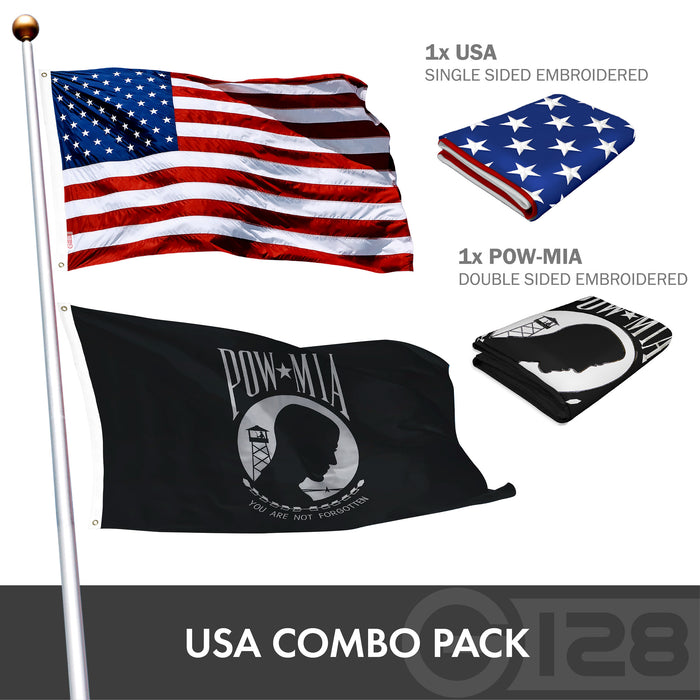 G128 Combo Pack: American USA Flag ToughWeave Series 4x6 Ft Single Sided & POW MIA Flag Double Sided 4x6 Ft Double ToughWeave Series | Both Embroidered Polyester, Brass Grommets