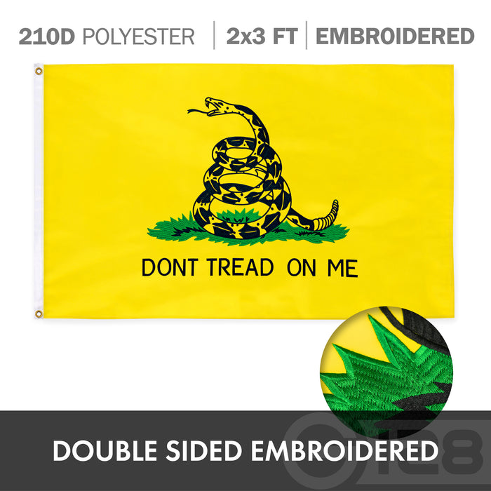 G128 Combo Pack: American USA Flag ToughWeave Series 2x3 Ft Single Sided & Gadsden Don't Tread On Me Flag Double Sided 2x3 Ft Double ToughWeave Series | Both Embroidered Polyester, Brass Grommets
