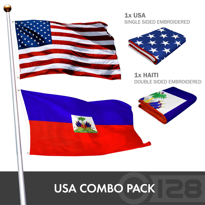 G128 Combo Pack: USA American Flag Single Sided & Haiti Haitian Flag Double Sided 3x5 Ft Embroidered 210D Polyester, Indoor/Outdoor, Brass Grommets