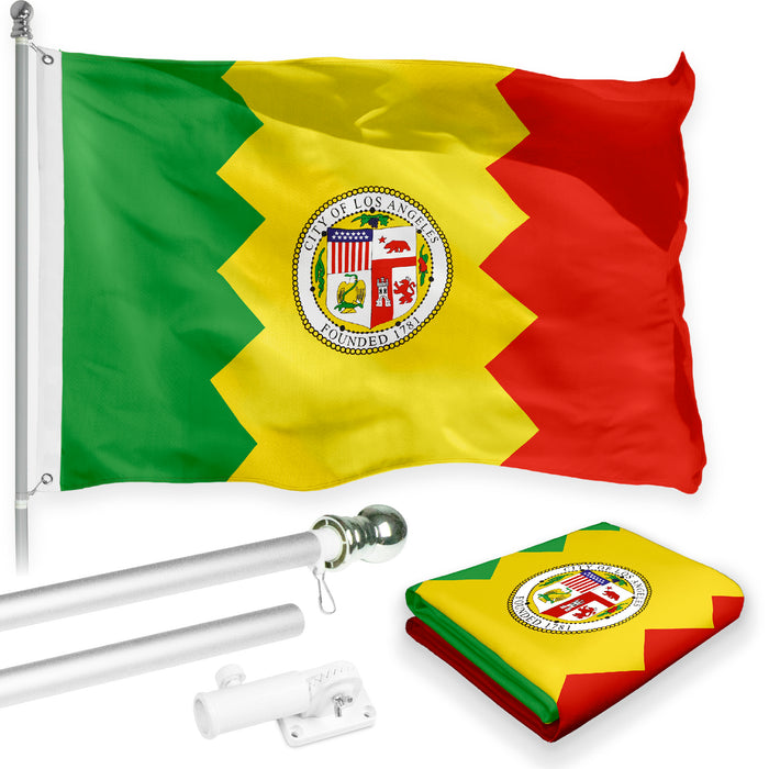 G128 Combo Pack: 6 Feet Tangle Free Spinning Flagpole (Silver) Los Angeles City Flag 3x5 ft Printed 150D Brass Grommets (Flag Included) Aluminum Flag Pole