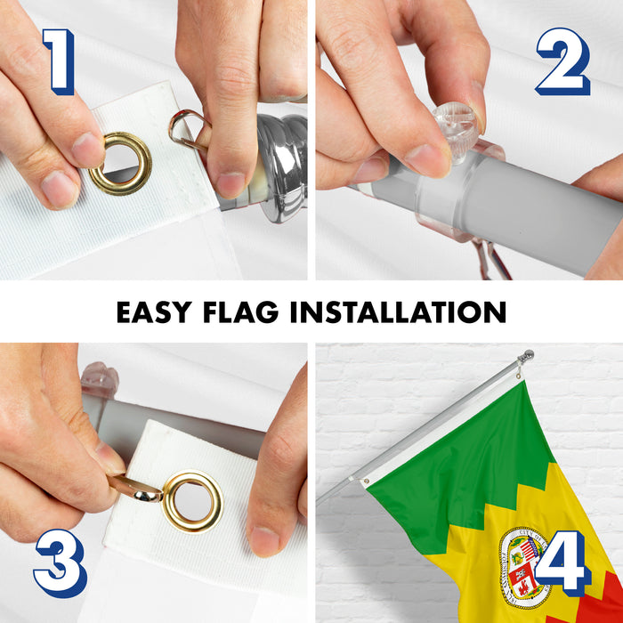 G128 Combo Pack: 6 Feet Tangle Free Spinning Flagpole (Silver) Los Angeles City Flag 3x5 ft Printed 150D Brass Grommets (Flag Included) Aluminum Flag Pole