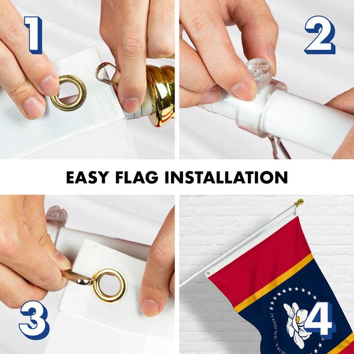 G128 Combo Pack: 6 Feet Tangle Free Spinning Flagpole (White) Mississippi MS State Flag 3x5 ft Printed 150D Brass Grommets (Flag Included) Aluminum Flag Pole