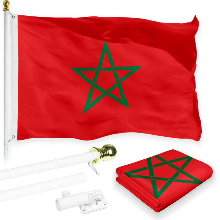 G128 Combo Pack: 6 Feet Tangle Free Spinning Flagpole (White) Morocco Moroccan Flag 3x5 ft Printed 150D Brass Grommets (Flag Included) Aluminum Flag Pole