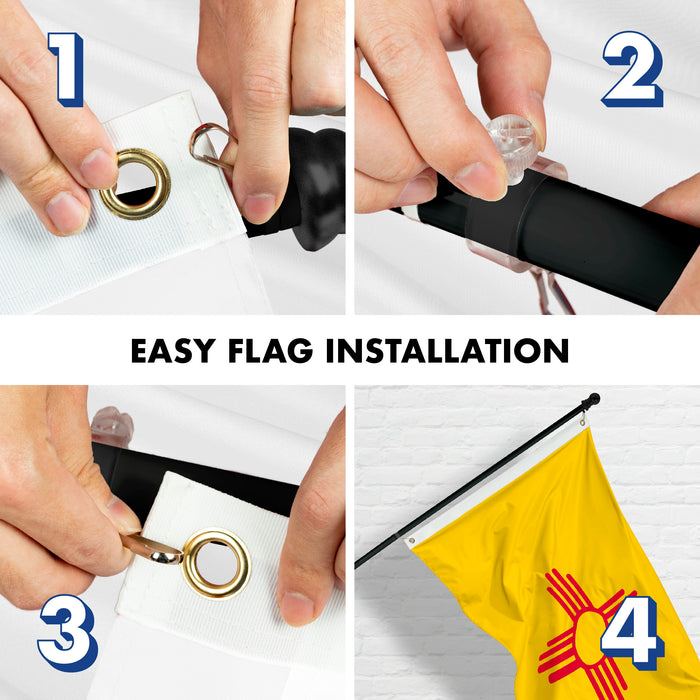 G128 Combo Pack: 6 Feet Tangle Free Spinning Flagpole (Black) New Mexico NM State Flag 3x5 ft Printed 150D Brass Grommets (Flag Included) Aluminum Flag Pole