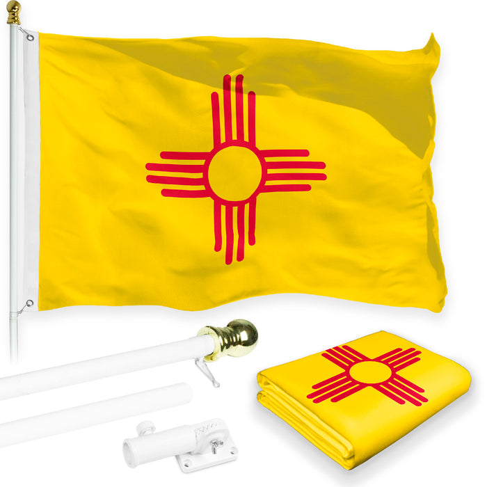 G128 Combo Pack: 6 Feet Tangle Free Spinning Flagpole (White) New Mexico NM State Flag 3x5 ft Printed 150D Brass Grommets (Flag Included) Aluminum Flag Pole