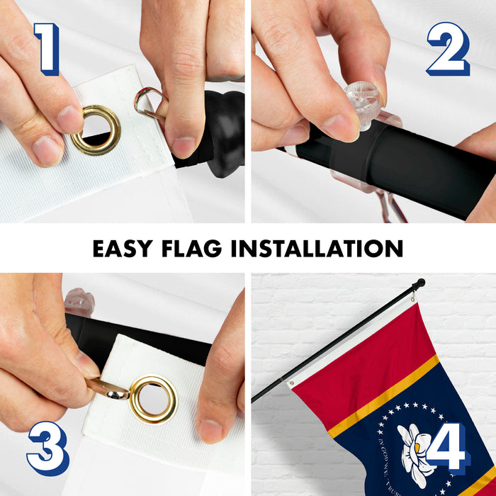 G128 Combo Pack: 6 Feet Tangle Free Spinning Flagpole (Black) Mississippi MS State Flag 3x5 ft Printed 150D Brass Grommets (Flag Included) Aluminum Flag Pole
