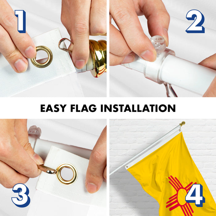 G128 Combo Pack: 6 Feet Tangle Free Spinning Flagpole (White) New Mexico NM State Flag 3x5 ft Printed 150D Brass Grommets (Flag Included) Aluminum Flag Pole