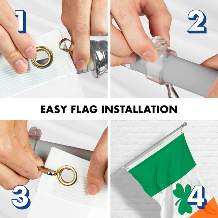 G128 Combo Pack: 5 Ft Tangle Free Aluminum Spinning Flagpole (Silver) & Ireland Irish Shamrock Flag 2x3 Ft, LiteWeave Pro Series Printed 150D Polyester | Pole with Flag Included