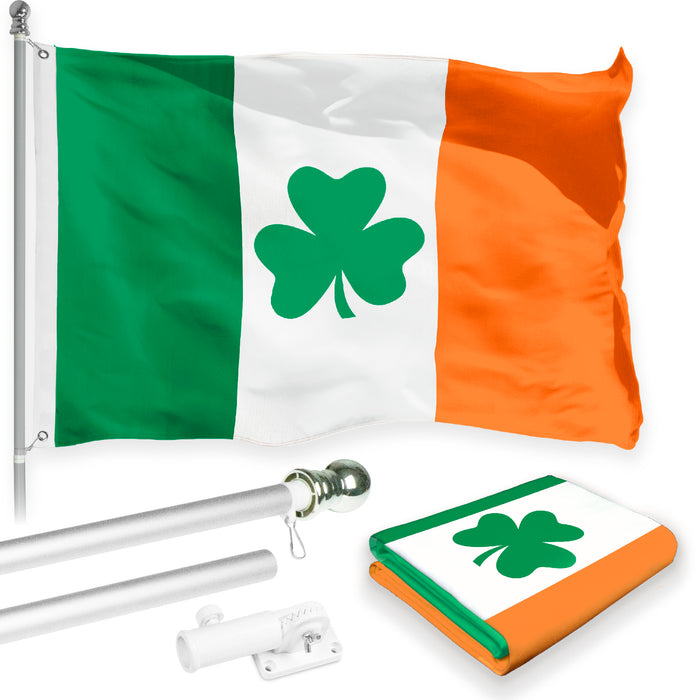 G128 Combo Pack: 5 Ft Tangle Free Aluminum Spinning Flagpole (Silver) & Ireland Irish Shamrock Flag 2x3 Ft, LiteWeave Pro Series Printed 150D Polyester | Pole with Flag Included