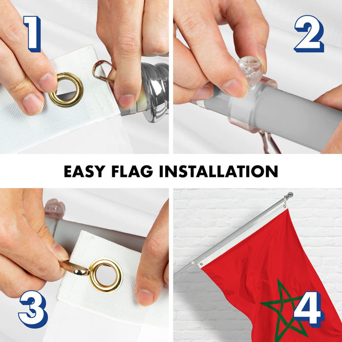 G128 Combo Pack: 6 Feet Tangle Free Spinning Flagpole (Silver) Morocco Moroccan Flag 3x5 ft Printed 150D Brass Grommets (Flag Included) Aluminum Flag Pole