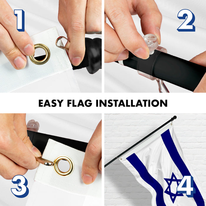 G128 Combo Pack: 6 Feet Tangle Free Spinning Flagpole (Black) Israel Israeli Flag 3x5 ft Printed 150D Brass Grommets (Flag Included) Aluminum Flag Pole
