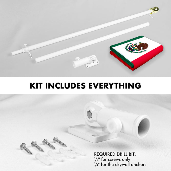 G128 Combo Pack: 6 Feet Tangle Free Spinning Flagpole (White) Mexico Mexican Flag 3x5 ft Printed 150D Brass Grommets (Flag Included) Aluminum Flag Pole