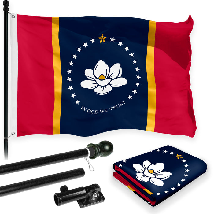 G128 Combo Pack: 6 Feet Tangle Free Spinning Flagpole (Black) Mississippi MS State Flag 3x5 ft Printed 150D Brass Grommets (Flag Included) Aluminum Flag Pole