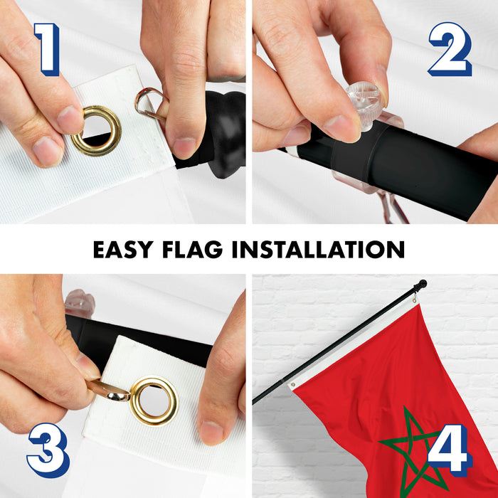 G128 Combo Pack: 6 Feet Tangle Free Spinning Flagpole (Black) Morocco Moroccan Flag 3x5 ft Printed 150D Brass Grommets (Flag Included) Aluminum Flag Pole