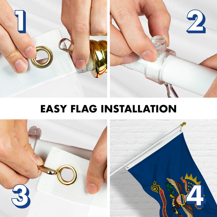 G128 Combo Pack: 6 Feet Tangle Free Spinning Flagpole (White) North Dakota ND State Flag 3x5 ft Printed 150D Brass Grommets (Flag Included) Aluminum Flag Pole