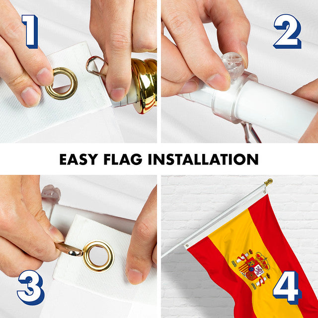 G128 Combo Pack: 6 Feet Tangle Free Spinning Flagpole (White) Spain Spanish Flag 3x5 ft Printed 150D Brass Grommets (Flag Included) Aluminum Flag Pole