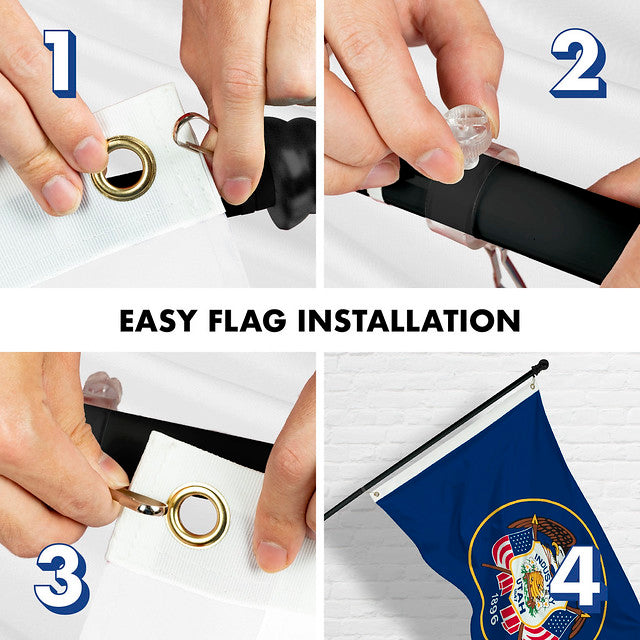 G128 Combo Pack: 6 Feet Tangle Free Spinning Flagpole (Black) Utah UT State Flag 3x5 ft Printed 150D Brass Grommets (Flag Included) Aluminum Flag Pole