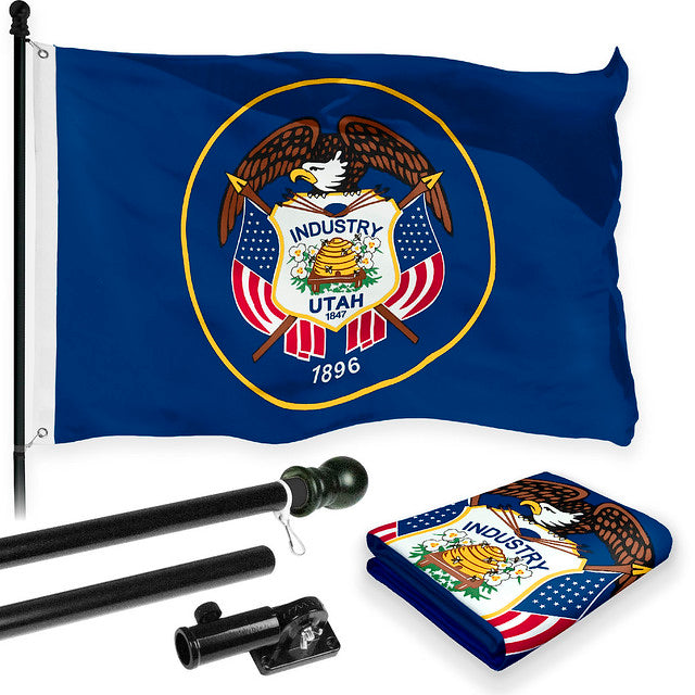 G128 Combo Pack: 6 Feet Tangle Free Spinning Flagpole (Black) Utah UT State Flag 3x5 ft Printed 150D Brass Grommets (Flag Included) Aluminum Flag Pole