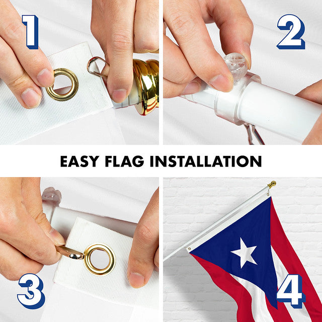G128 Combo Pack: 6 Feet Tangle Free Spinning Flagpole (White) Puerto Rico Puerto Rican Flag 3x5 ft Printed 150D Brass Grommets (Flag Included) Aluminum Flag Pole