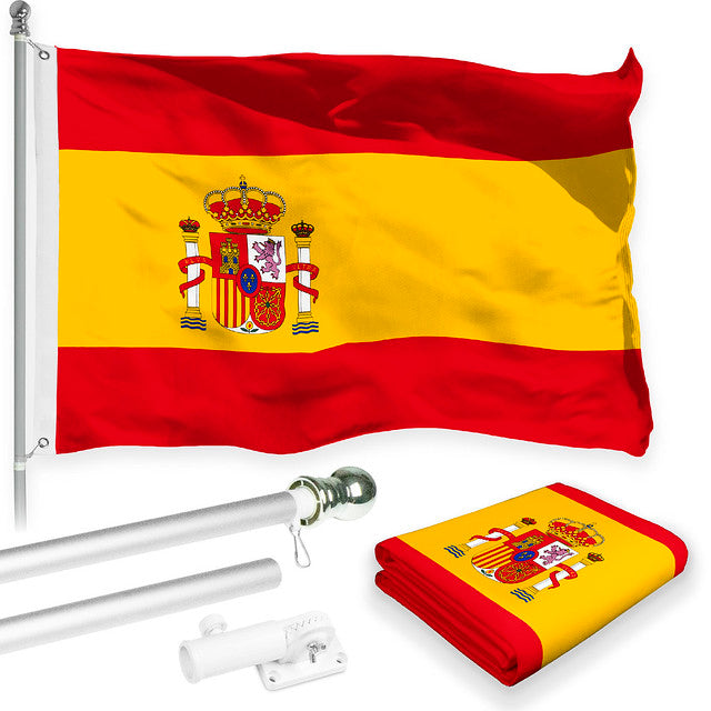 G128 Combo Pack: 6 Feet Tangle Free Spinning Flagpole (Silver) Spain Spanish Flag 3x5 ft Printed 150D Brass Grommets (Flag Included) Aluminum Flag Pole