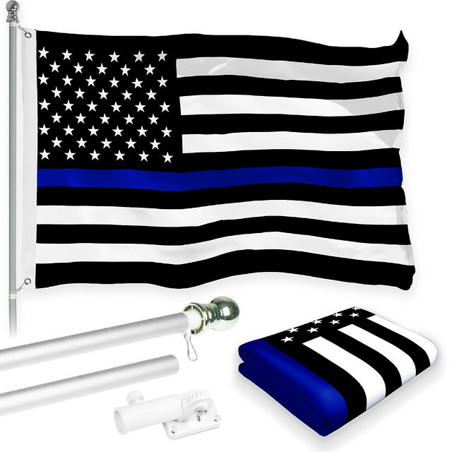 G128 Combo Pack: 6 Feet Tangle Free Spinning Flagpole (Silver) Thin Blue Line Flag 3x5 ft Printed 150D Brass Grommets (Flag Included) Aluminum Flag Pole