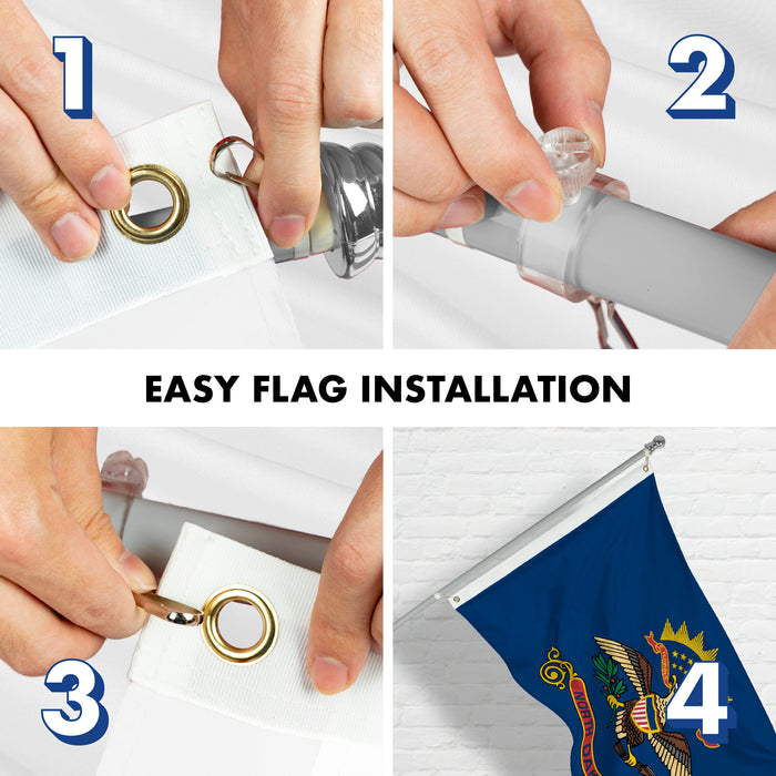 G128 Combo Pack: 6 Feet Tangle Free Spinning Flagpole (Silver) North Dakota ND State Flag 3x5 ft Printed 150D Brass Grommets (Flag Included) Aluminum Flag Pole