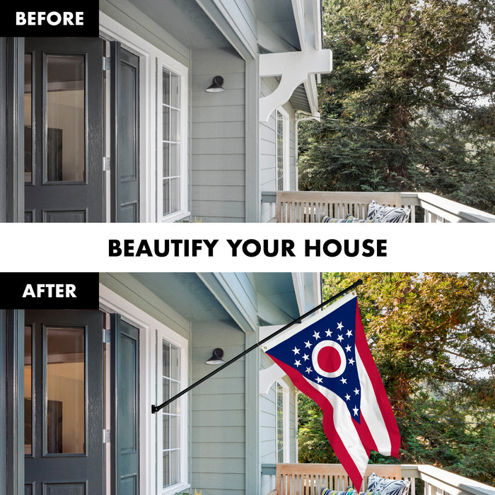 G128 Combo Pack: 6 Feet Tangle Free Spinning Flagpole (Black) Ohio OH State Flag 3x5 ft Printed 150D Brass Grommets (Flag Included) Aluminum Flag Pole