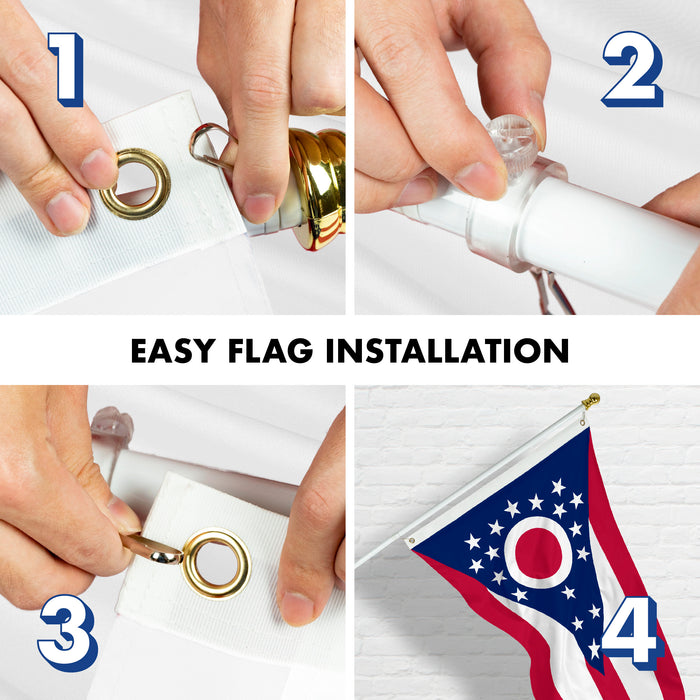 G128 Combo Pack: 6 Feet Tangle Free Spinning Flagpole (White) Ohio OH State Flag 3x5 ft Printed 150D Brass Grommets (Flag Included) Aluminum Flag Pole