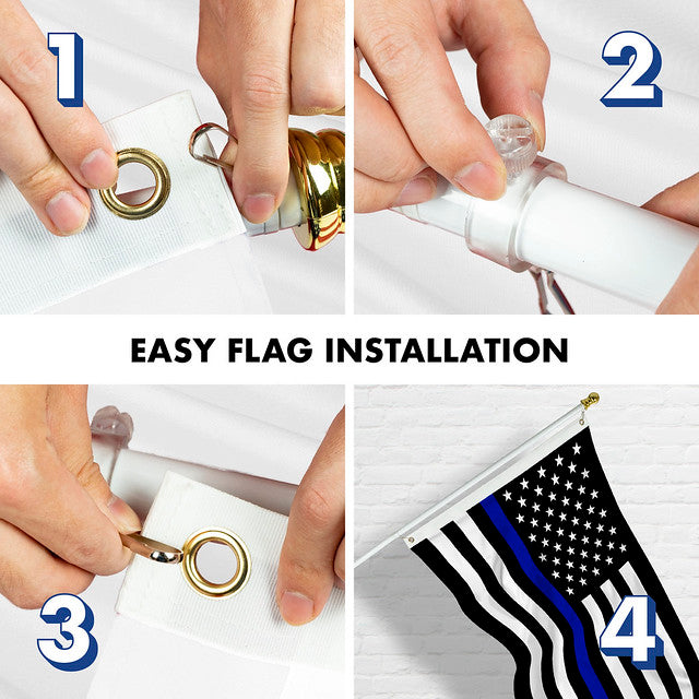 G128 Combo Pack: 6 Feet Tangle Free Spinning Flagpole (White) Thin Blue Line Flag 3x5 ft Printed 150D Brass Grommets (Flag Included) Aluminum Flag Pole