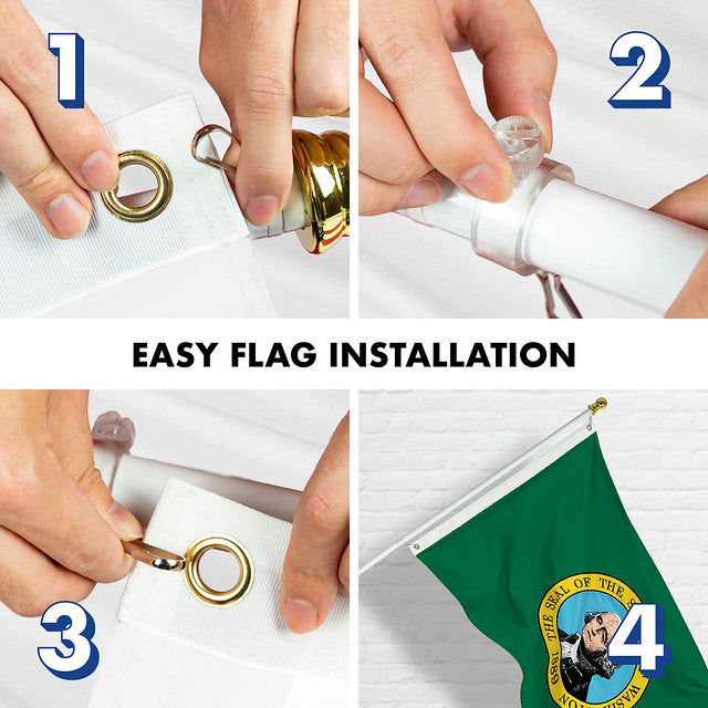 G128 Combo Pack: 6 Feet Tangle Free Spinning Flagpole (White) Washington WS State Flag 3x5 ft Printed 150D Brass Grommets (Flag Included) Aluminum Flag Pole