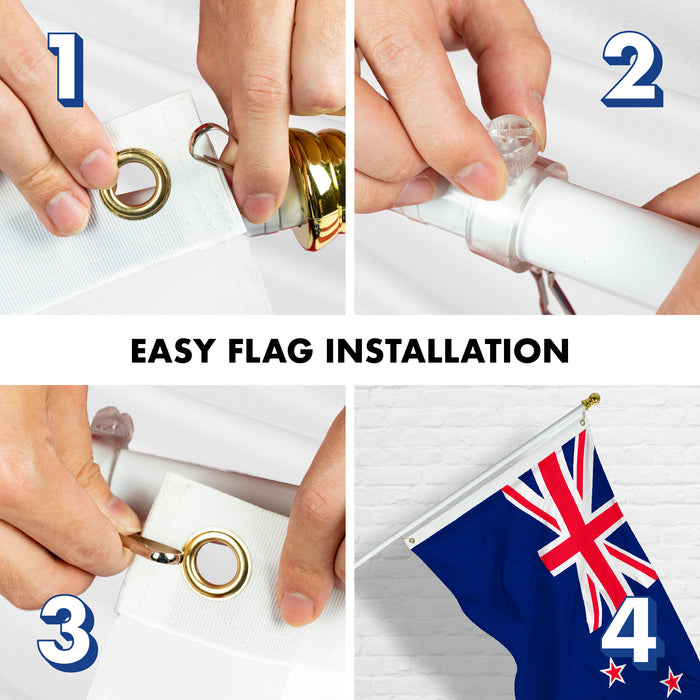G128 Combo Pack: 6 Feet Tangle Free Spinning Flagpole (White) New Zealand New Zealander Flag 3x5 ft Printed 150D Brass Grommets (Flag Included) Aluminum Flag Pole