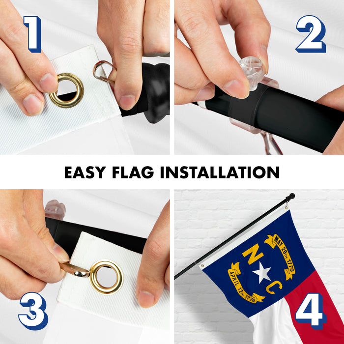 G128 Combo Pack: 6 Feet Tangle Free Spinning Flagpole (Black) North Carolina State Flag 3x5 ft Printed 150D Brass Grommets (Flag Included) Aluminum Flag Pole