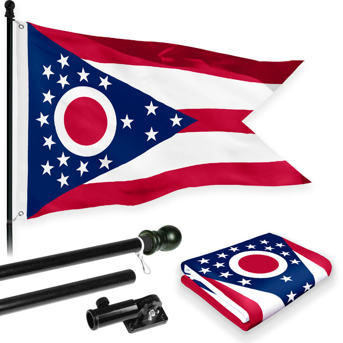 G128 Combo Pack: 6 Feet Tangle Free Spinning Flagpole (Black) Ohio OH State Flag 3x5 ft Printed 150D Brass Grommets (Flag Included) Aluminum Flag Pole