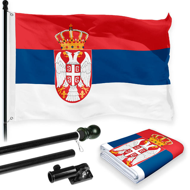 G128 Combo Pack: 6 Feet Tangle Free Spinning Flagpole (Black) Serbia Serbian Flag 3x5 ft Printed 150D Brass Grommets (Flag Included) Aluminum Flag Pole