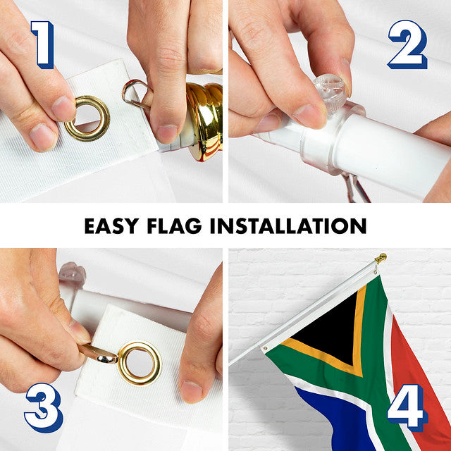 G128 Combo Pack: 6 Feet Tangle Free Spinning Flagpole (White) South Africa South African Flag 3x5 ft Printed 150D Brass Grommets (Flag Included) Aluminum Flag Pole