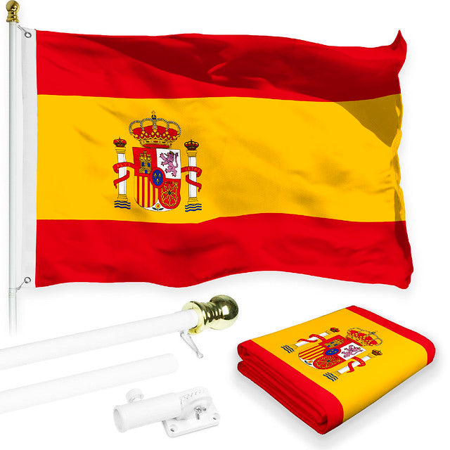 G128 Combo Pack: 6 Feet Tangle Free Spinning Flagpole (White) Spain Spanish Flag 3x5 ft Printed 150D Brass Grommets (Flag Included) Aluminum Flag Pole