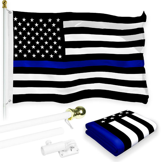 G128 Combo Pack: 6 Feet Tangle Free Spinning Flagpole (White) Thin Blue Line Flag 3x5 ft Printed 150D Brass Grommets (Flag Included) Aluminum Flag Pole