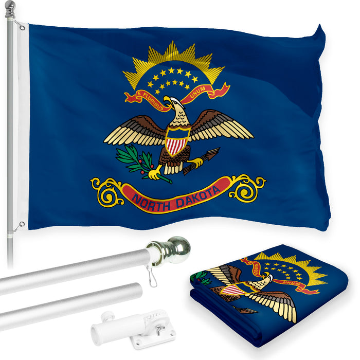 G128 Combo Pack: 6 Feet Tangle Free Spinning Flagpole (Silver) North Dakota ND State Flag 3x5 ft Printed 150D Brass Grommets (Flag Included) Aluminum Flag Pole