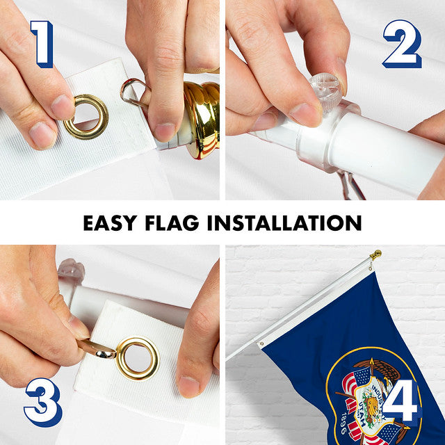 G128 Combo Pack: 6 Feet Tangle Free Spinning Flagpole (White) Utah UT State Flag 3x5 ft Printed 150D Brass Grommets (Flag Included) Aluminum Flag Pole