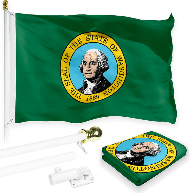 G128 Combo Pack: 6 Feet Tangle Free Spinning Flagpole (White) Washington WS State Flag 3x5 ft Printed 150D Brass Grommets (Flag Included) Aluminum Flag Pole